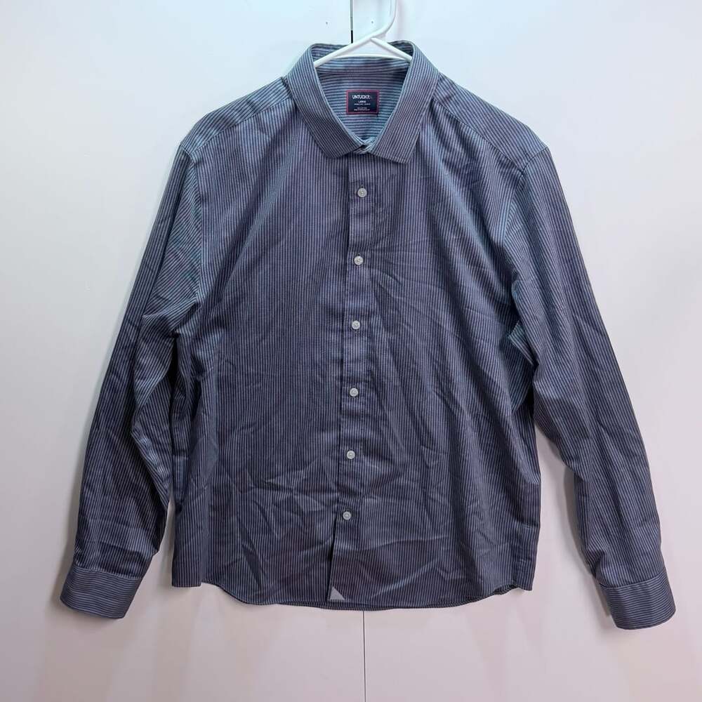 Untuckit Villard WF Navy Striped Long Sleeve Dress Shirt Large